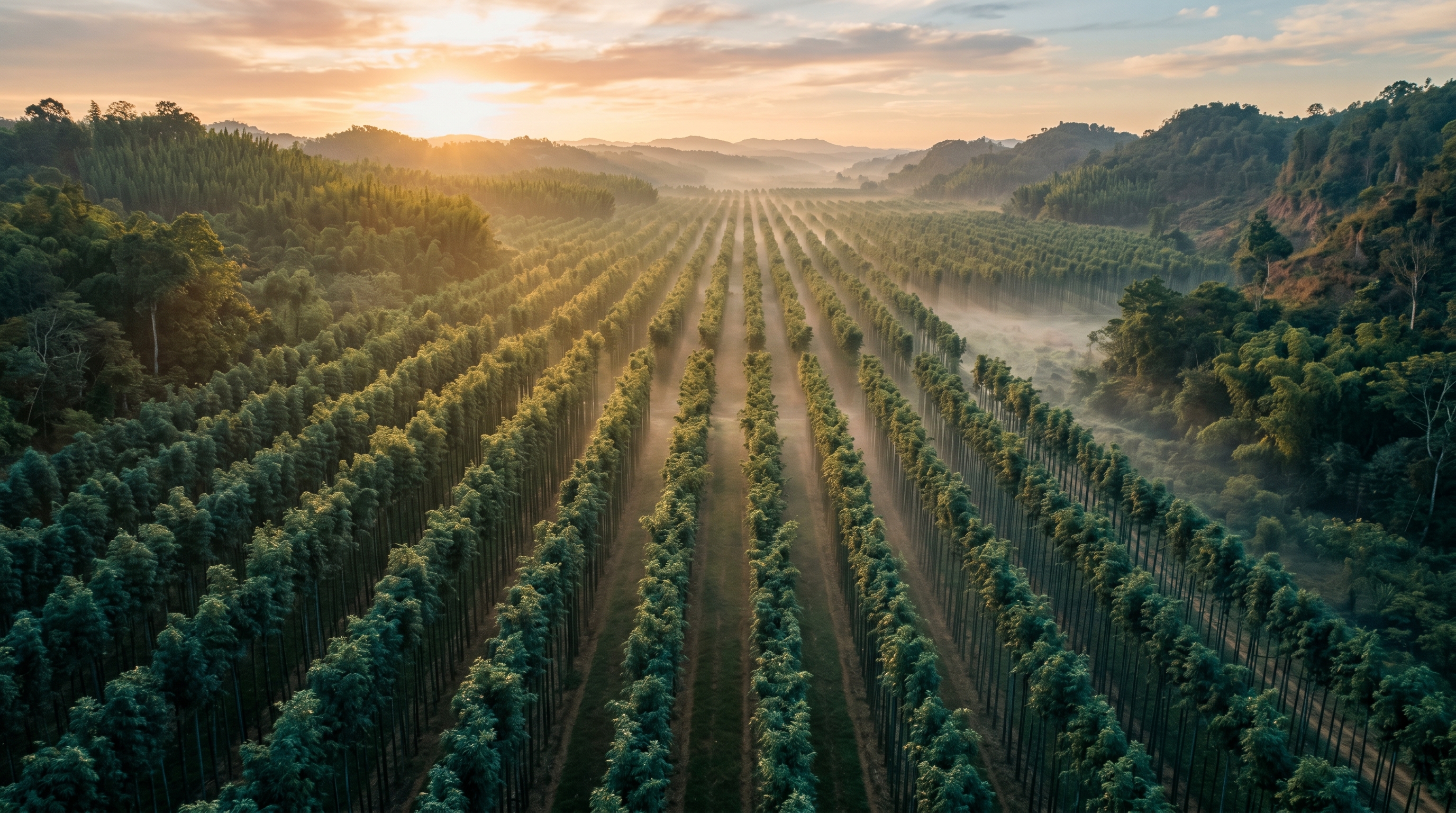 Cultivated bamboo plantation in northeast India at golden hour